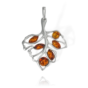 Srebrny Wisiorek Ażurowy Liść, Listek z Bursztynami ! 