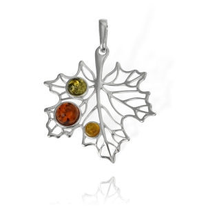 Piękny Srebrny Ażurowy Wisiorek Liść z Bursztynami !