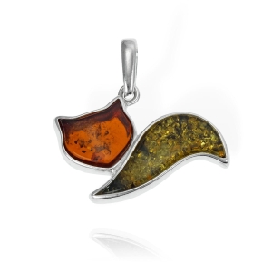  Srebrny Wisiorek Kot Kotek z Bursztynami