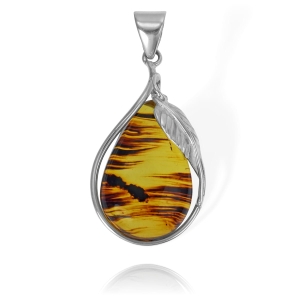 Piękny Srebrny Wisior, Wisiorek z Bursztynem z Listkiem