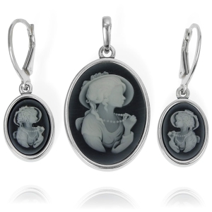 Piękny Srebrny Komplet z Kameą, Kamea Masa Perłowa