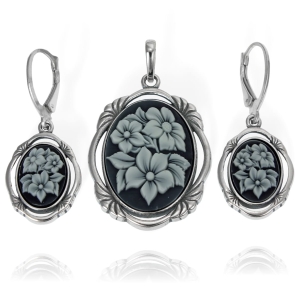 Piękny Srebrny Komplet Kwiaty, Kwiatki z Masy Perłowej