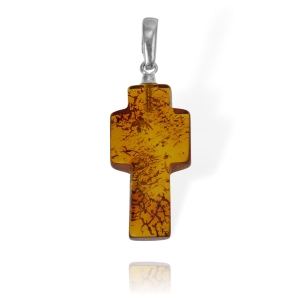  Srebrny Piękny Krzyż Krzyżyk z Bursztynu