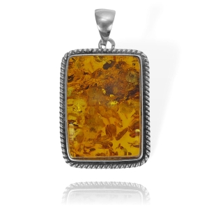 Piękny Srebrny Oksydowany Wisiorek z Bursztynem