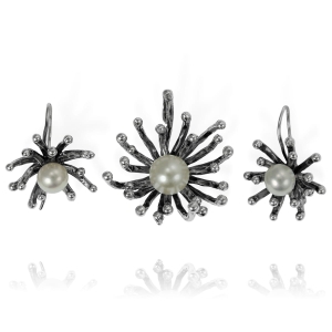 Srebrny Oksydowany Komplet z Perłami ! 