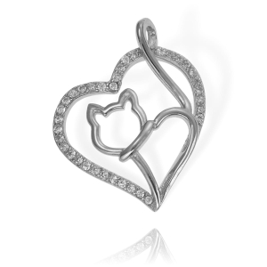 Srebrny Wisiorek Serce z Kotem, Kotkiem z Cyrkoniami 