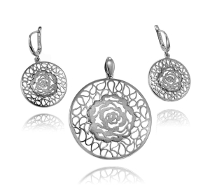 Srebrny Rodowany Ażurowy Komplet Róża