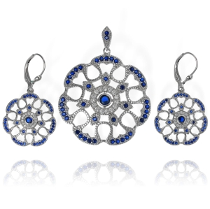 Piękny Srebrny Rodowany Ażurowy Komplet z Cyrkoniami !