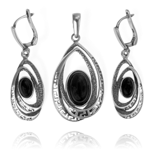 Srebrny Oksydowany, Ażurowy Komplet z Onyksem !