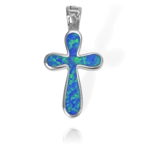 Piękny Srebrny Krzyż, Krzyżyk z Niebieskim Opalem 