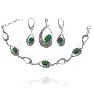 Piękny Srebrny Oksydowany Komplet z Malachitem ! 