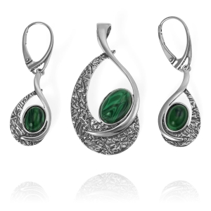 Piękny Srebrny Oksydowany Komplet z Malachitem !