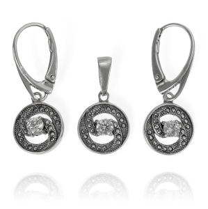 Piękny Srebrny Oksydowany Komplet z Cyrkoniami ! 