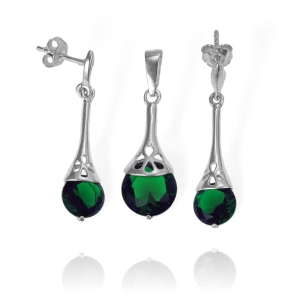 Piękny Srebrny Komplet z Zielonymi Cyrkoniami ! 