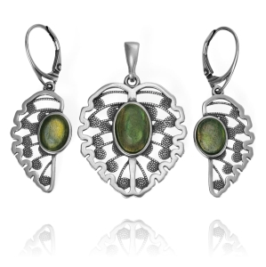 Srebrny Oksydowany Komplet Listki Liście z Labradorytem !