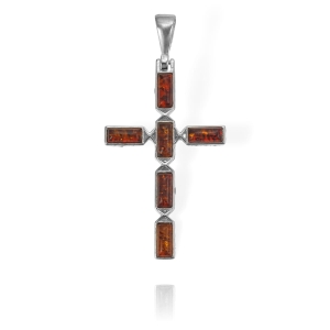 Piękny Srebrny Krzyż z Bursztynami - pr. 925 