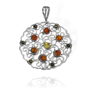 Piękny Srebrny Ażurowy Wisior Wisiorek z Bursztynami - pr.925