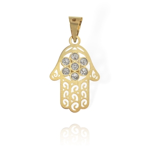 Złoty Ażurowy Wisiorek Chamsa, Ręka Fatimy z Cyrkoniami 