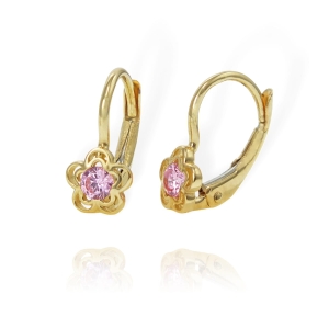 Złote Kolczyki Kwiaty Kwiatki z Różowymi Cyrkoniami !