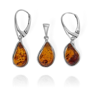Piękny Srebrny Komplet z Bursztynami - pr. 925