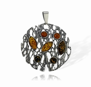  Srebrny Oksydowany Ażurowy Fantazyjny Wisiorek z Bursztynem Bursztynami