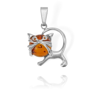 Srebrny Wisiorek Kot Kotek z Bursztynem 