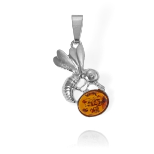  Srebrny Oksydowany Wisiorek Komar Owad z Bursztynem 