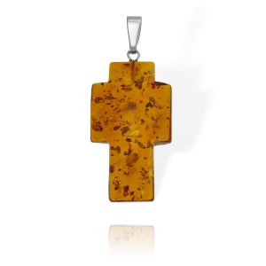 Piękna Srebrna Zawieszka Bursztynowy Krzyż 