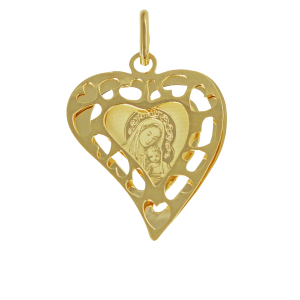 Złoty Ażurowy Medalik Matka Boska Z Dzieciątkiem, Serce 