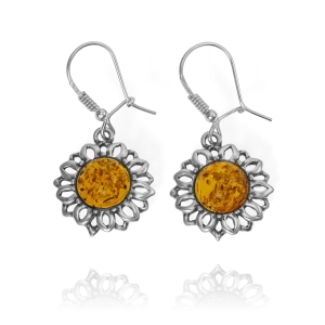 Srebrne Ażurowe Kolczyki Kwiatki Kwiatuszki z Bursztynem