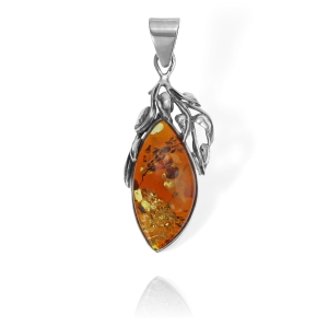 Piękny Srebrny Oksydowany Wisiorek z Bursztynem - pr. 925  