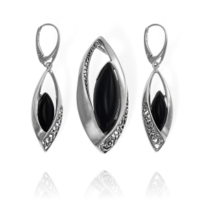 Piękny Srebrny Oksydowany Ażurowy Komplet z Onyksem ! 