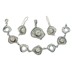 Piękny Srebrny Oksydowany Komplet z Perłami Zobacz Koniecznie !!!