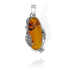 Piękny Srebrny Wisiorek z Bursztynem Liść - pr. 925