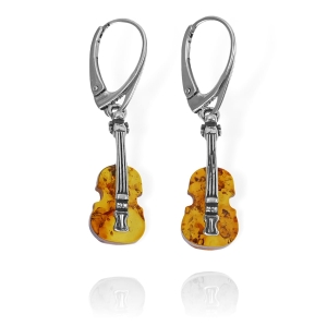 Piękne Srebrne Kolczyki Gitary z Bursztynem
