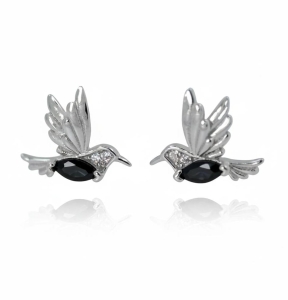 Srebrne Rodowane Kolczyki Kolibry Koliber Ptaszki z Cyrkoniami