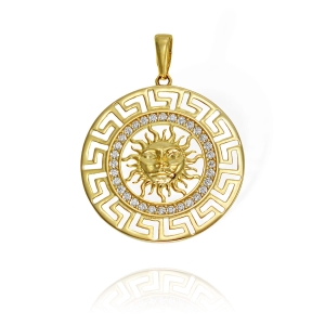 Złoty Ażurowy, Diamentowany Wisiorek Słońce z Greckim Wzorem z Cyrkoniami