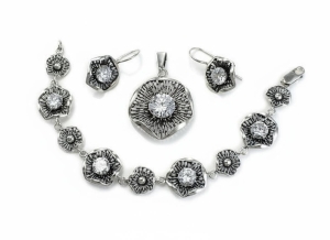 Piękny Srebrny  Komplet z Cyrkoniami Ażurowy !! C-1