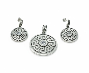 Srebrny Satynowany Komplet Grecki Wzór z Cyrkonią 