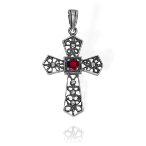 Srebrny Oksydowany Krzyż z Granatem