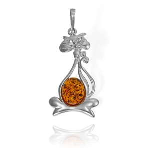 Piękny Srebrny Wisiorek Kot Kotek z Bursztynem