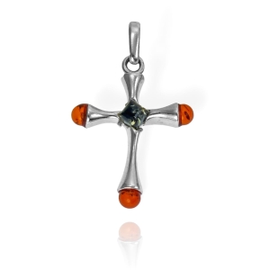 Srebrny Krzyż Krzyżyk z Bursztynami
