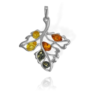 Piękny Srebrny Wisiorek Liść Listek z Bursztynami 