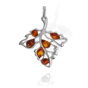 Piękny Srebrny Wisiorek Liść Listek z Bursztynami
