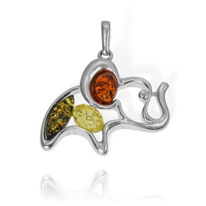 Piękny Srebrny Wisiorek Słoń Słonik z Bursztynami 