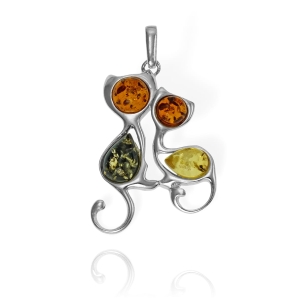 Piękny Srebrny Wisiorek Kotki Koty z Bursztynami