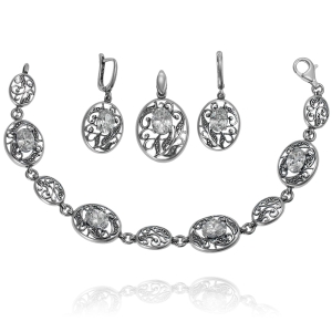 Piękny Srebrny Oksydowany, Ażurowy Komplet z Cyrkoniami !