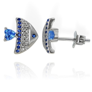 Piękne Srebrne Kolczyki Rybki z Cyrkoniami !