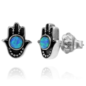 Piękne Srebrne Kolczyki Hamsa, Ręka Fatimy z Opalem 