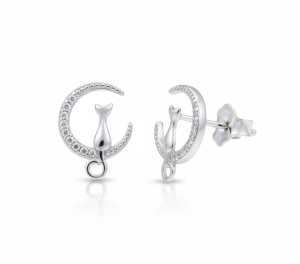 Piękne Srebrne Kolczyki Kot na Księżycu z Cyrkoniami